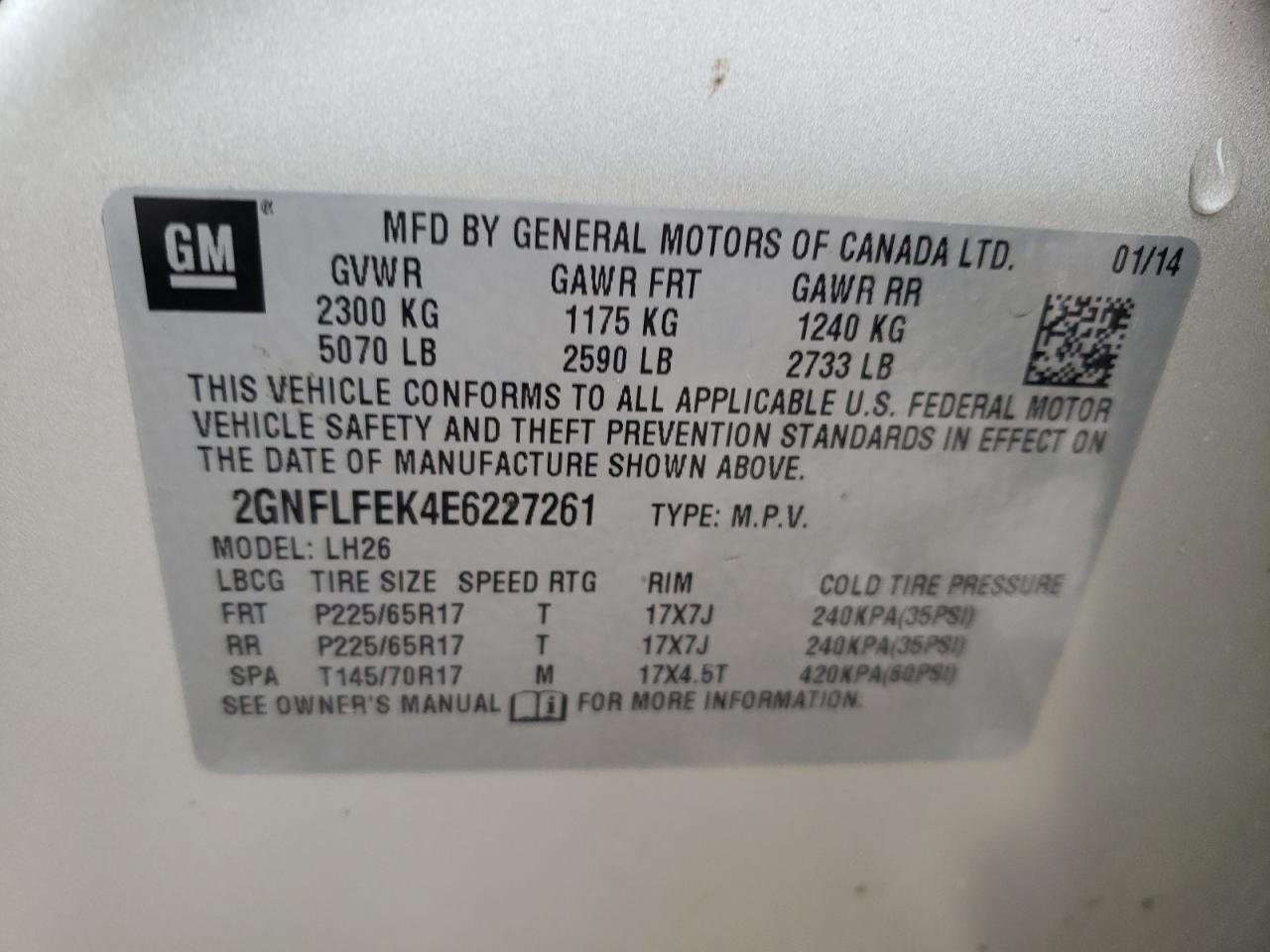 Photo 10 from auction – 2014 CHEVROLET EQUINOX LT with VIN 2GNFLFEK4E6227261
