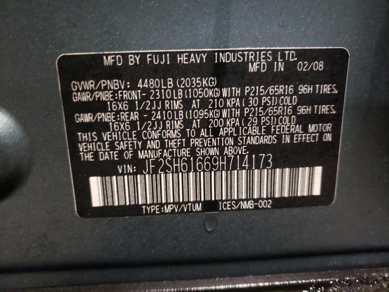 Фото 10 с аукциона – 2009 SUBARU FORESTER 2 с VIN JF2SH61669H714173