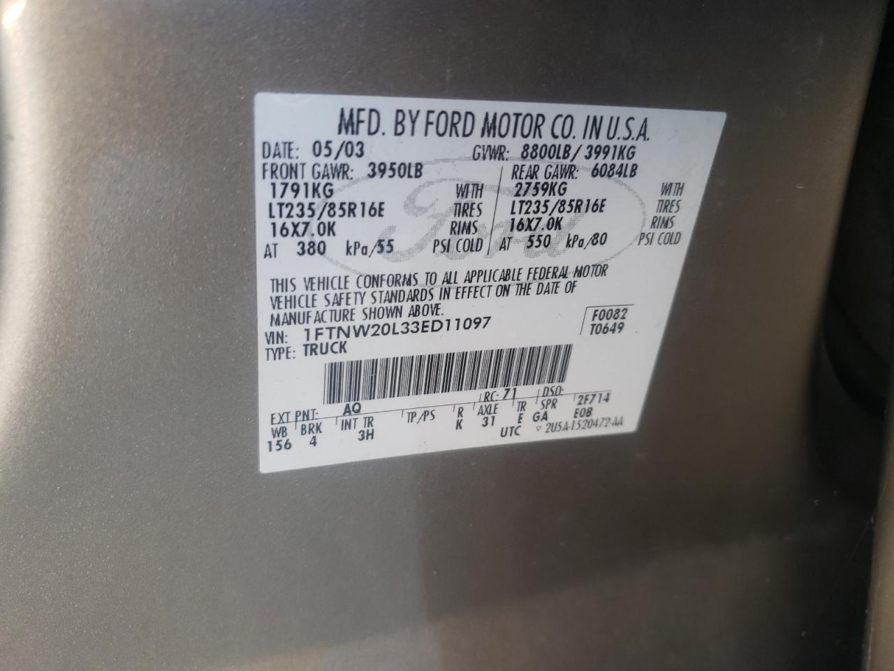 Photo 10 from auction – 2003 FORD F250 SUPER with VIN 1FTNW20L33ED11097
