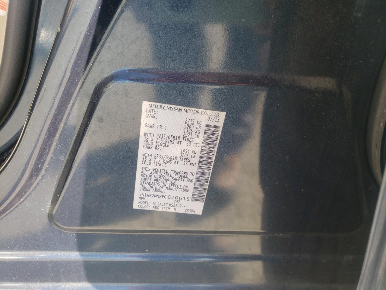 Photo 10 from auction – 2014 NISSAN PATHFINDER with VIN 5N1AR2MNXEC610615