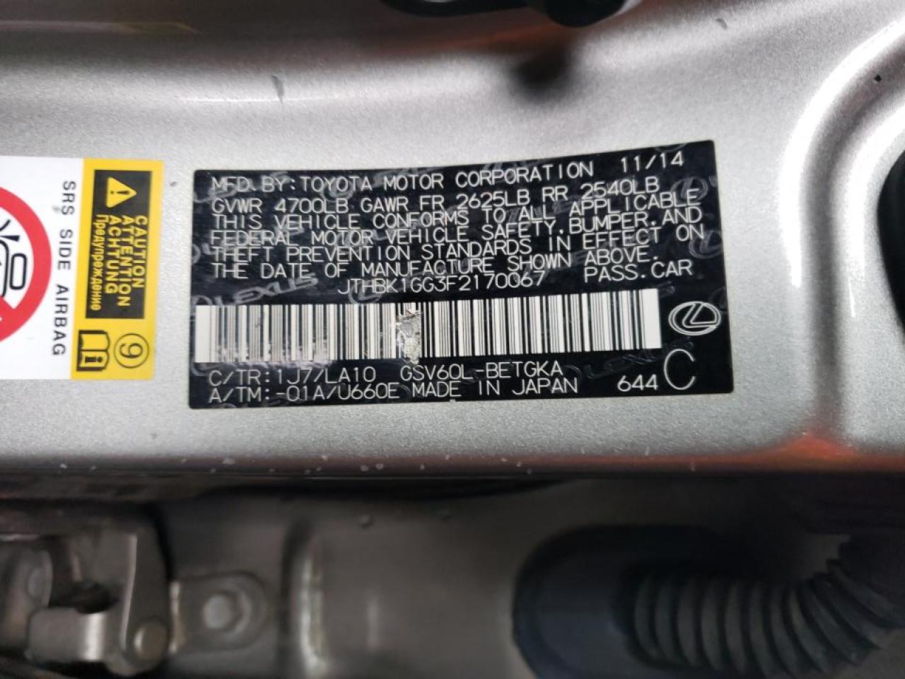 Photo 10 from auction – 2015 LEXUS ES 350 with VIN JTHBK1GG3F2170067