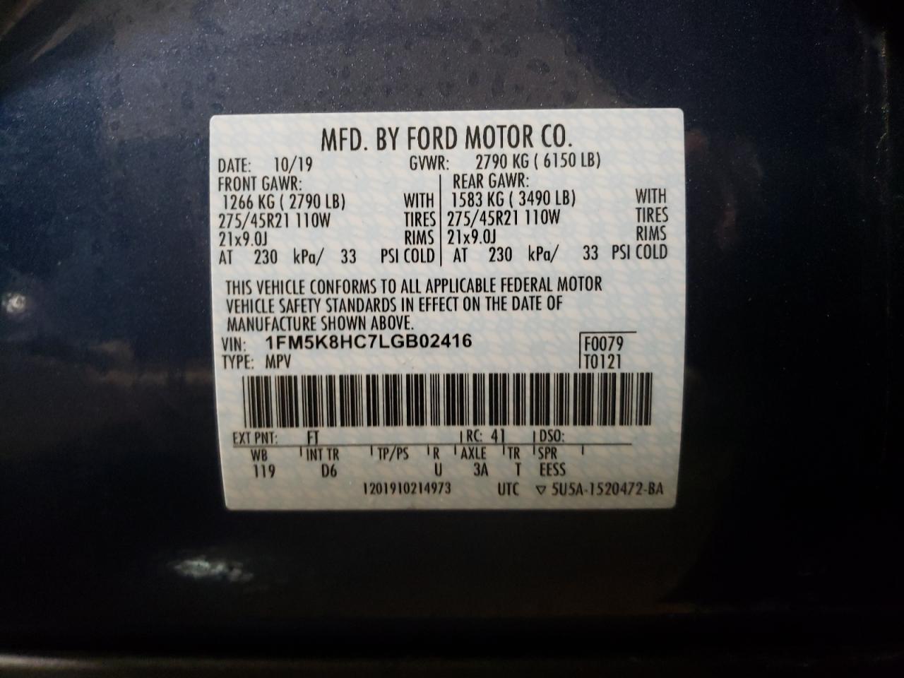 Photo 10 from auction – 2020 FORD EXPLORER P with VIN 1FM5K8HC7LGB02416