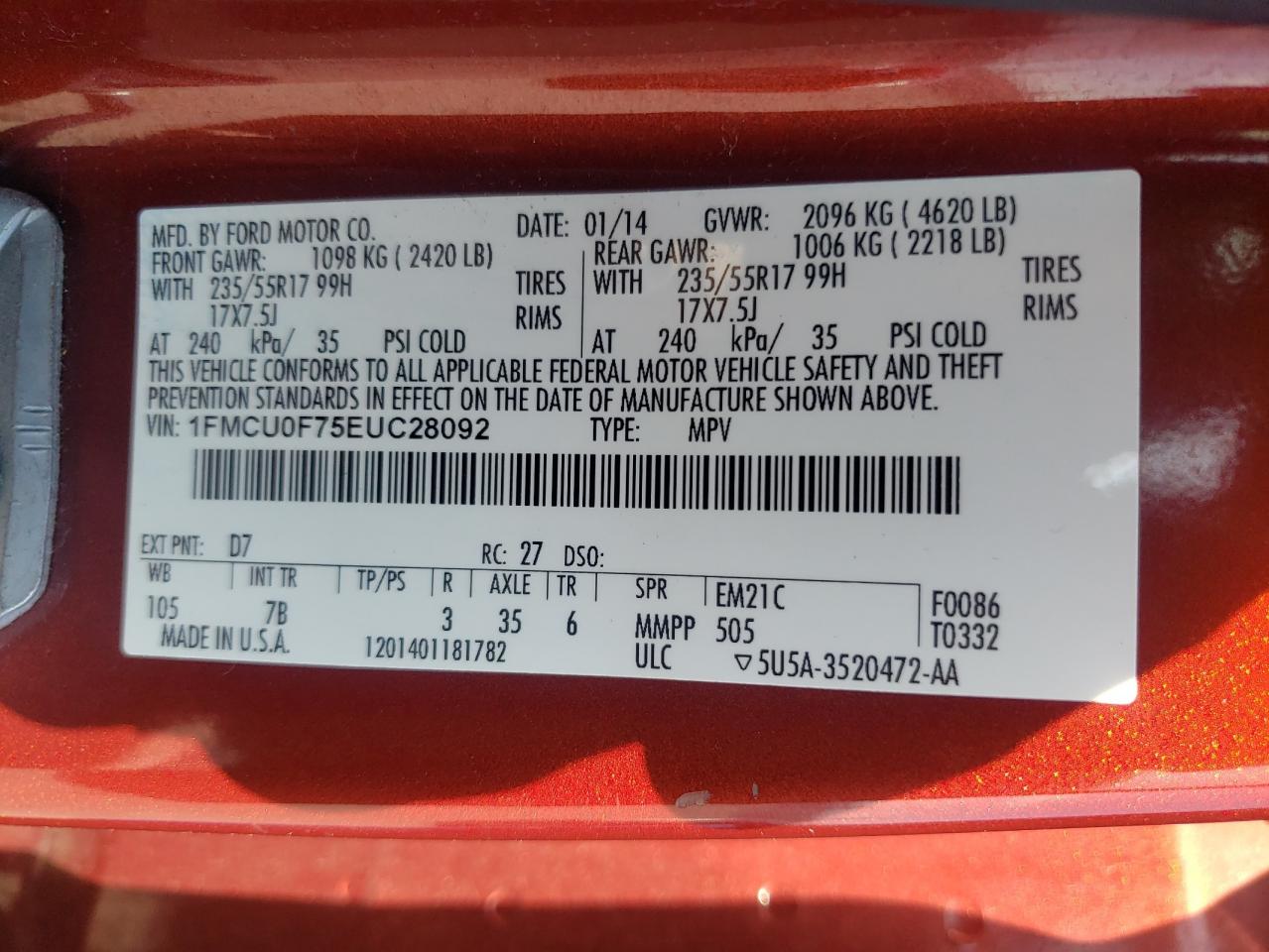 Photo 10 from auction – 2014 FORD ESCAPE S with VIN 1FMCU0F75EUC28092