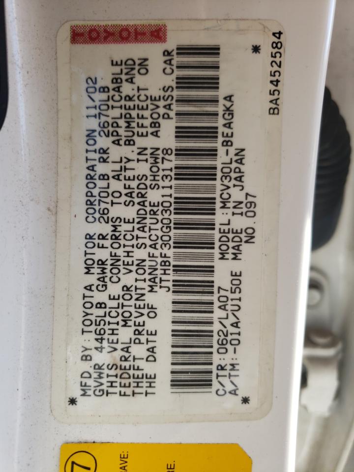 Photo 10 from auction – 2003 LEXUS ES 300 with VIN JTHBF30G030113178