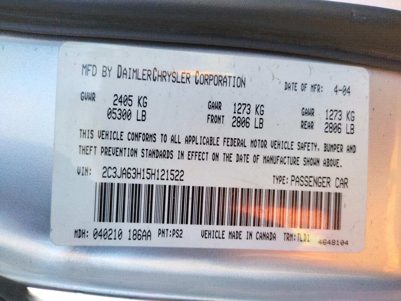 Photo 10 from auction – 2005 CHRYSLER 300C with VIN 2C3JA63H15H121522