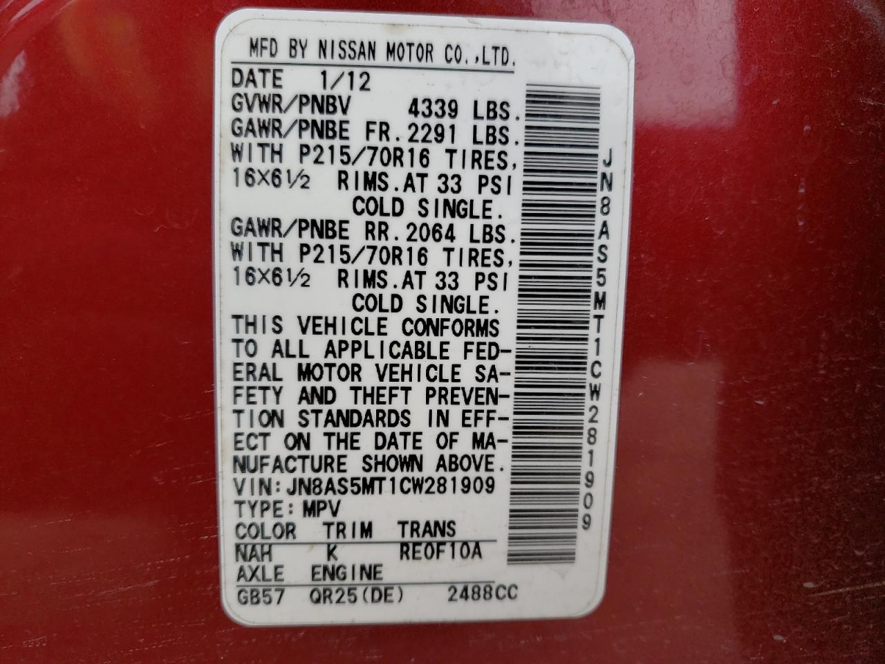 Photo 10 from auction – 2012 NISSAN ROGUE S with VIN JN8AS5MT1CW281909