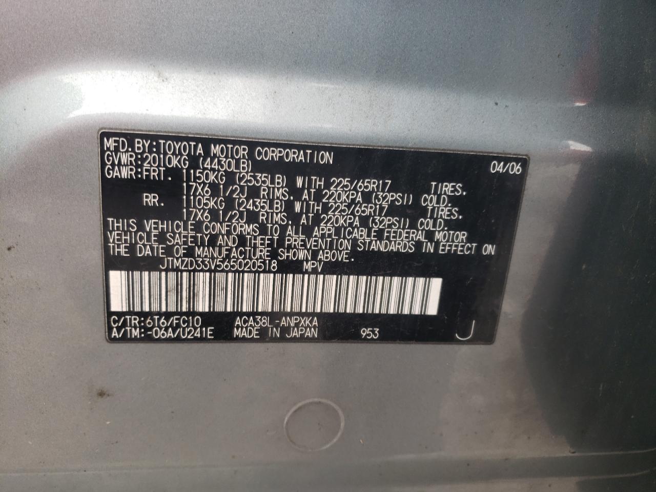 Photo 10 from auction – 2006 TOYOTA RAV4 with VIN JTMZD33V565020518