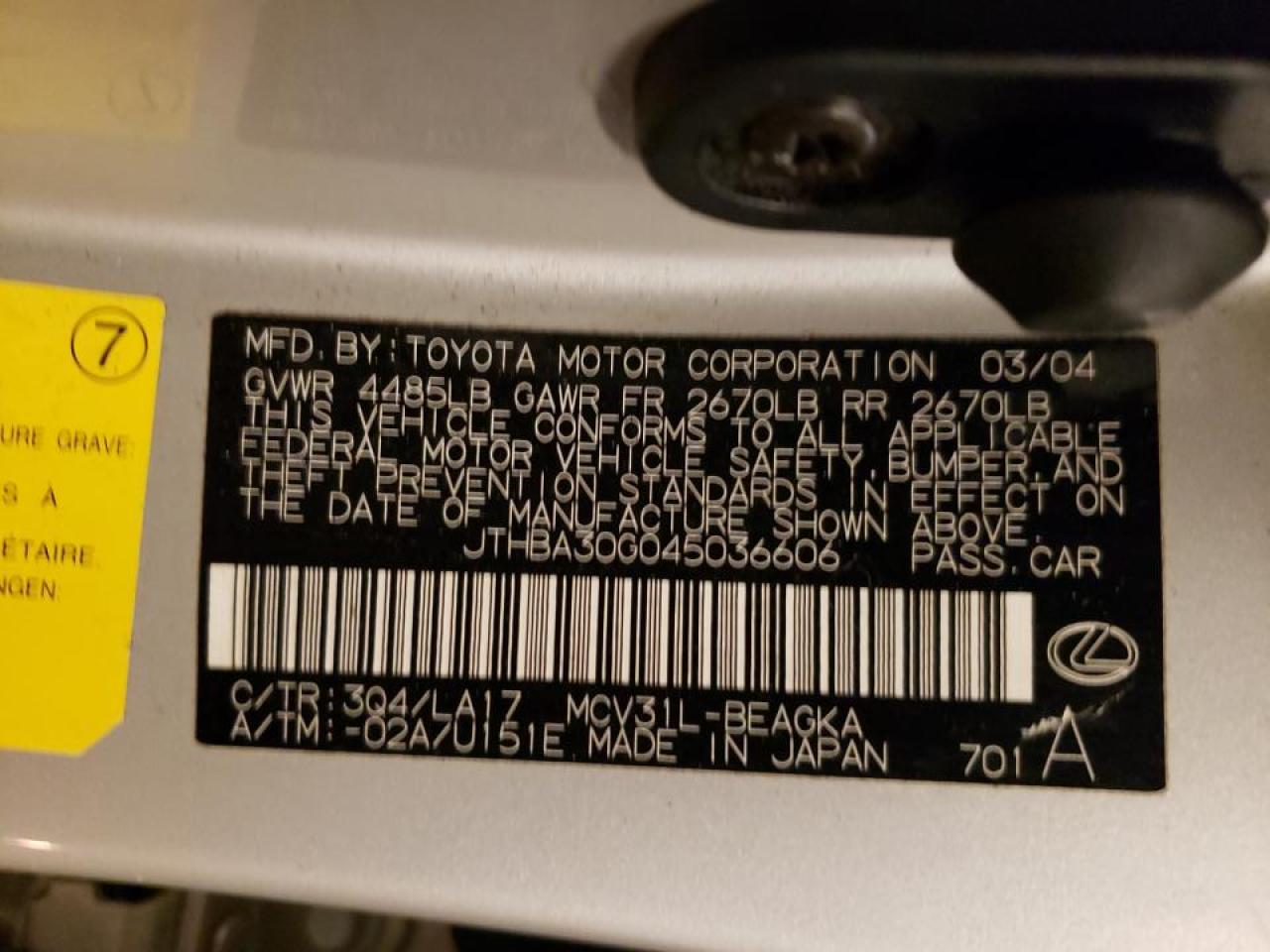 Photo 10 from auction – 2004 LEXUS ES 330 with VIN JTHBA30G045036606