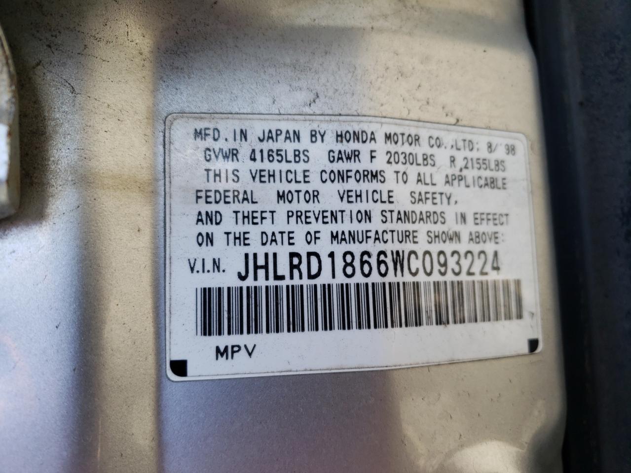 Photo 10 from auction – 1998 HONDA CR-V EX with VIN JHLRD1866WC093224