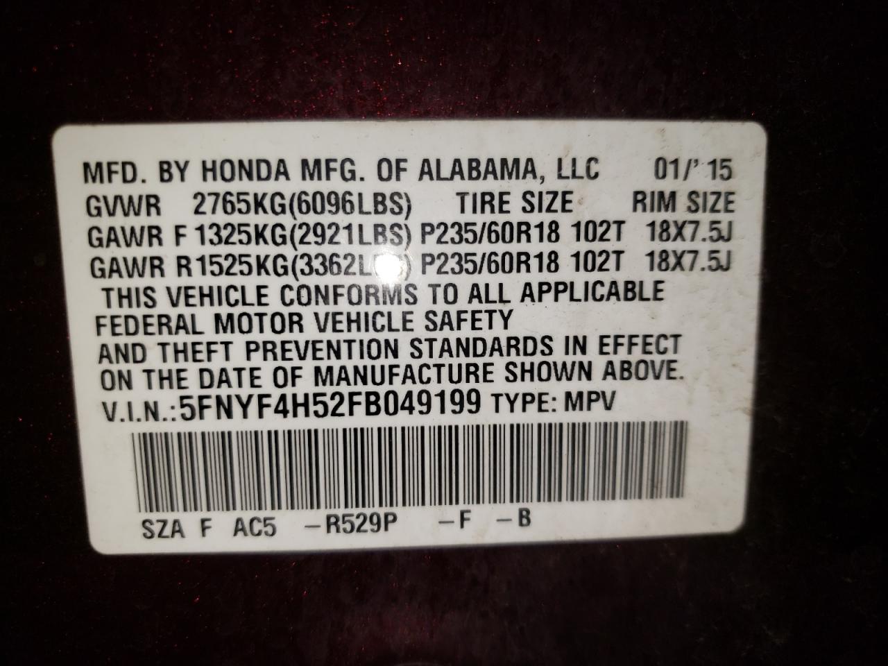 Photo 10 from auction – 2015 HONDA PILOT EXL with VIN 5FNYF4H52FB049199