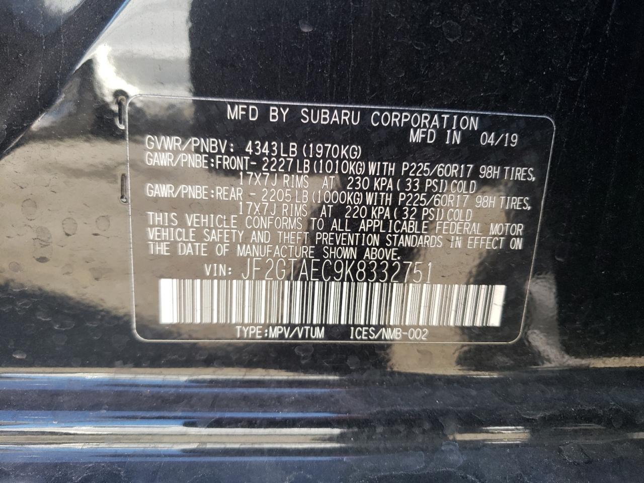 Photo 10 from auction – 2019 SUBARU CROSSTREK with VIN JF2GTAEC9K8332751