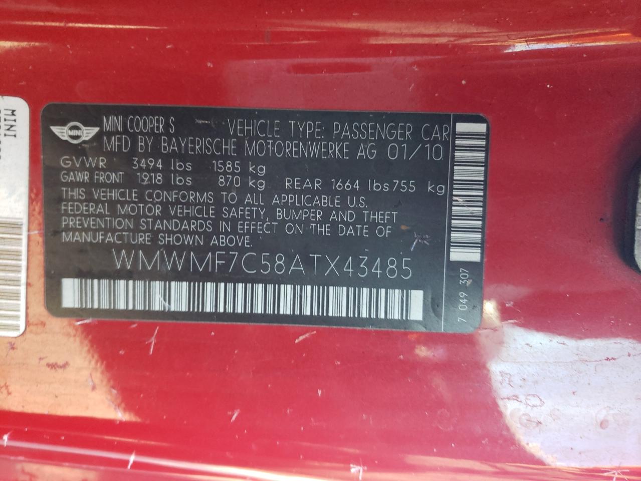 Photo 10 from auction – 2010 MINI COOPER S with VIN WMWMF7C58ATX43485