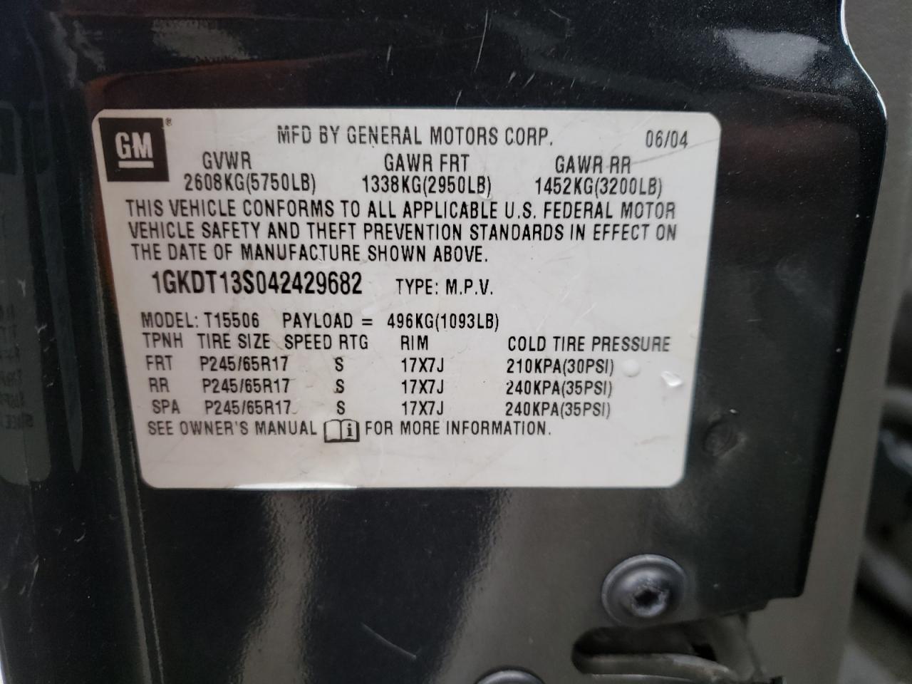 Photo 10 from auction – 2004 GMC ENVOY with VIN 1GKDT13S042429682