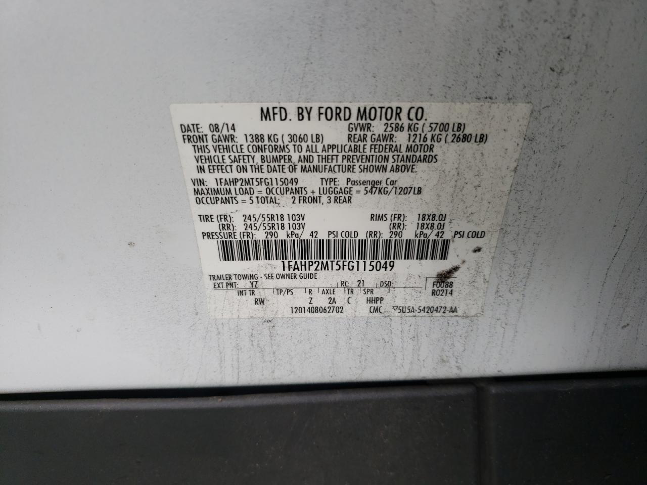 Photo 10 from auction – 2015 FORD TAURUS POL with VIN 1FAHP2MT5FG115049