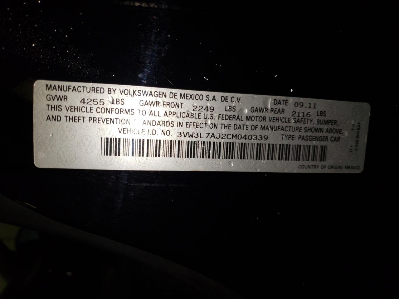 Photo 10 from auction – 2012 VOLKSWAGEN JETTA TDI with VIN 3VW3L7AJ2CM040339