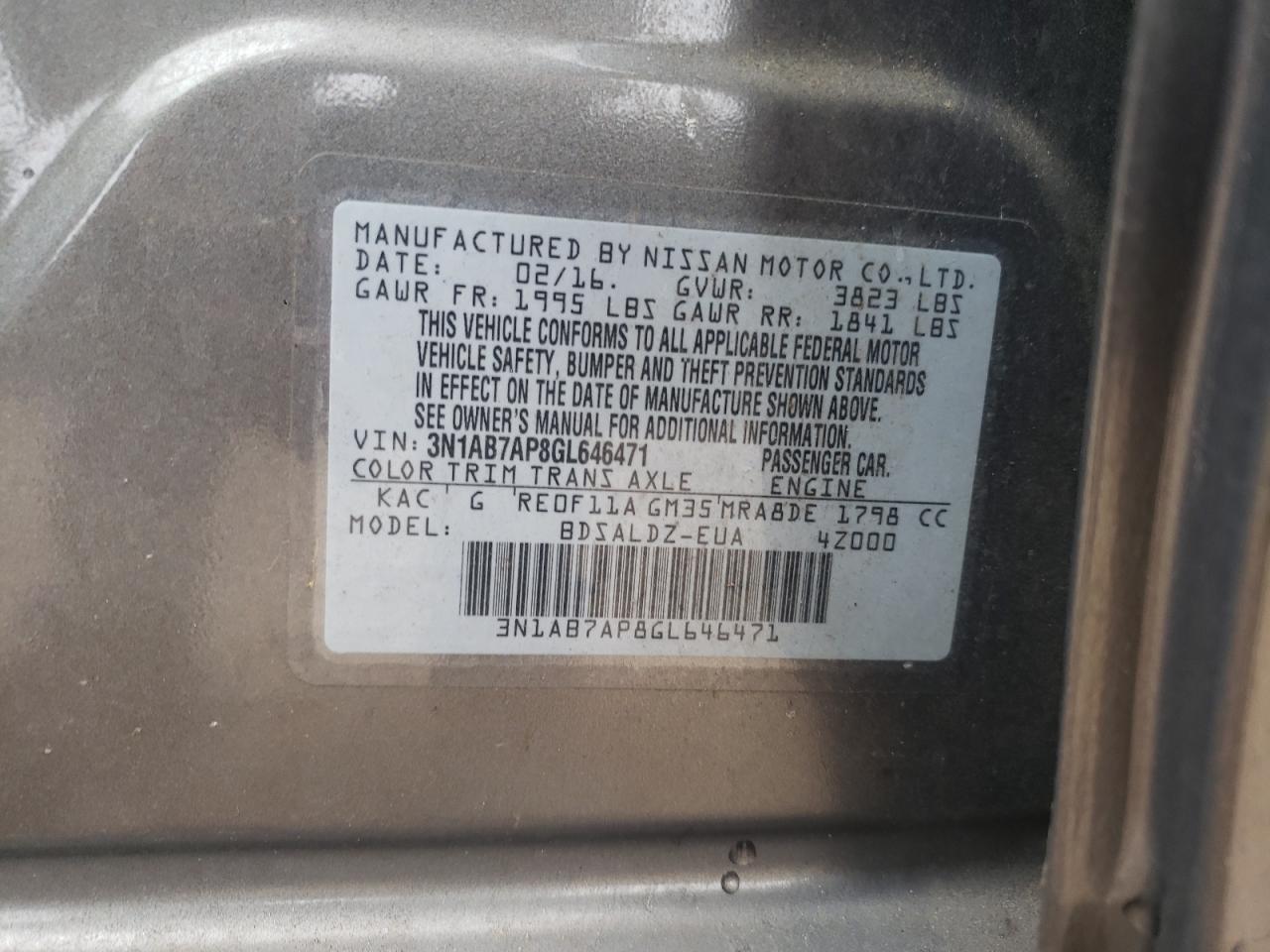 Photo 10 from auction – 2016 NISSAN SENTRA S with VIN 3N1AB7AP8GL646471