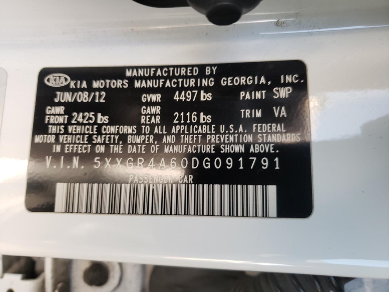 Photo 10 from auction – 2013 KIA OPTIMA SX with VIN 5XXGR4A60DG091791
