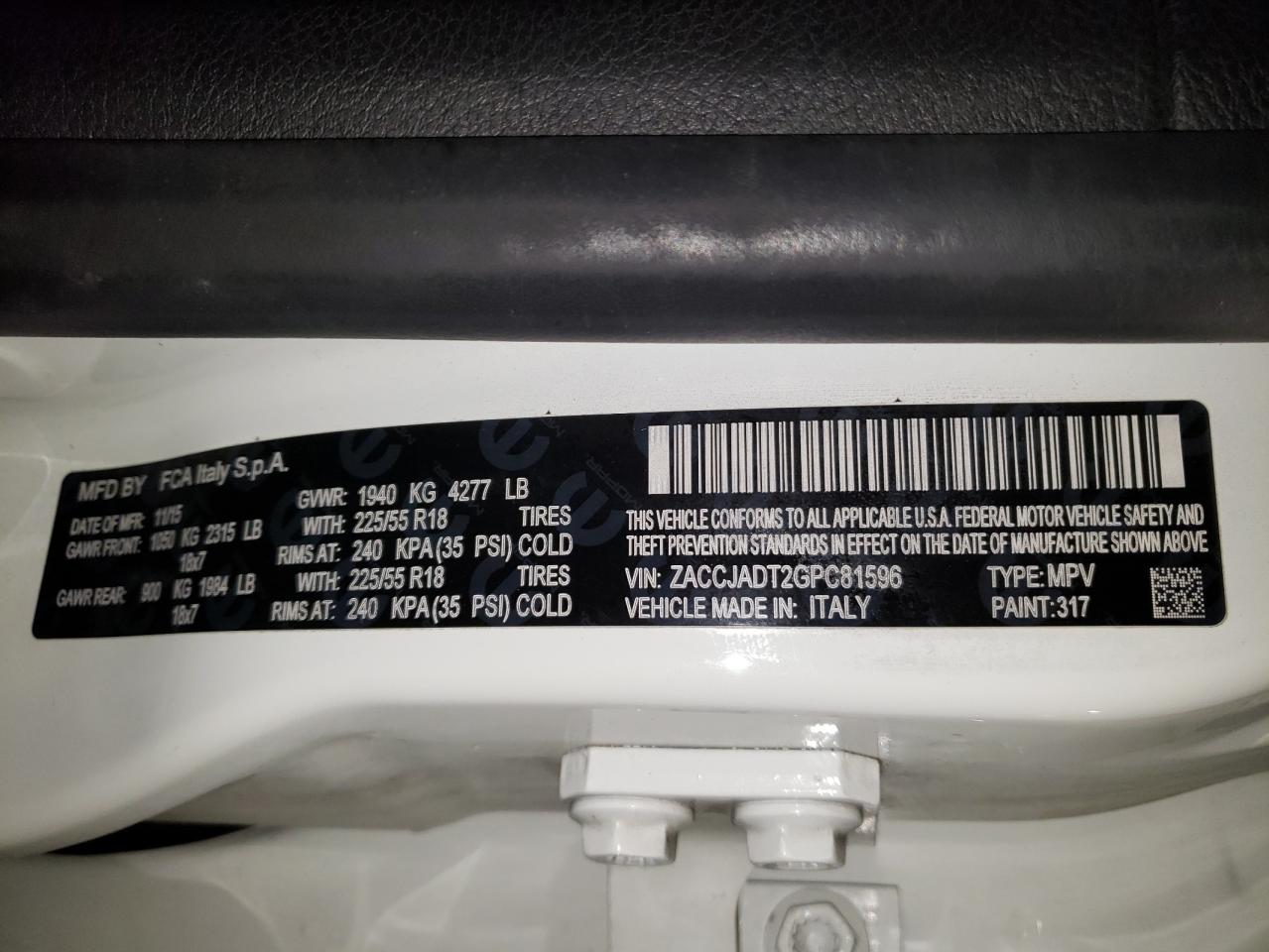 Photo 10 from auction – 2016 JEEP RENEGADE L with VIN ZACCJADT2GPC81596