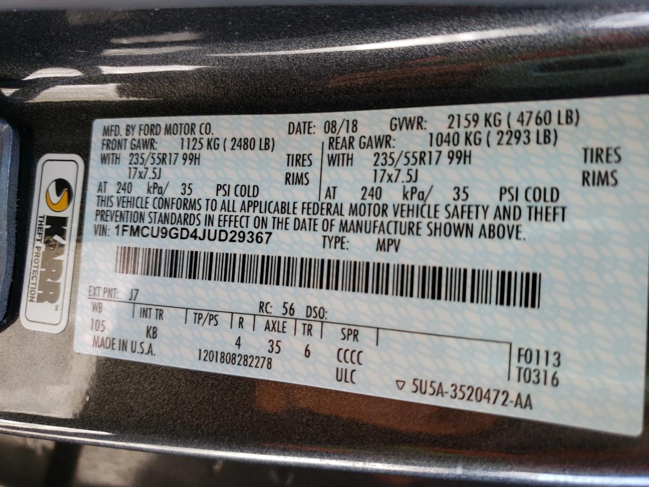 Photo 10 from auction – 2018 FORD ESCAPE SE with VIN 1FMCU9GD4JUD29367