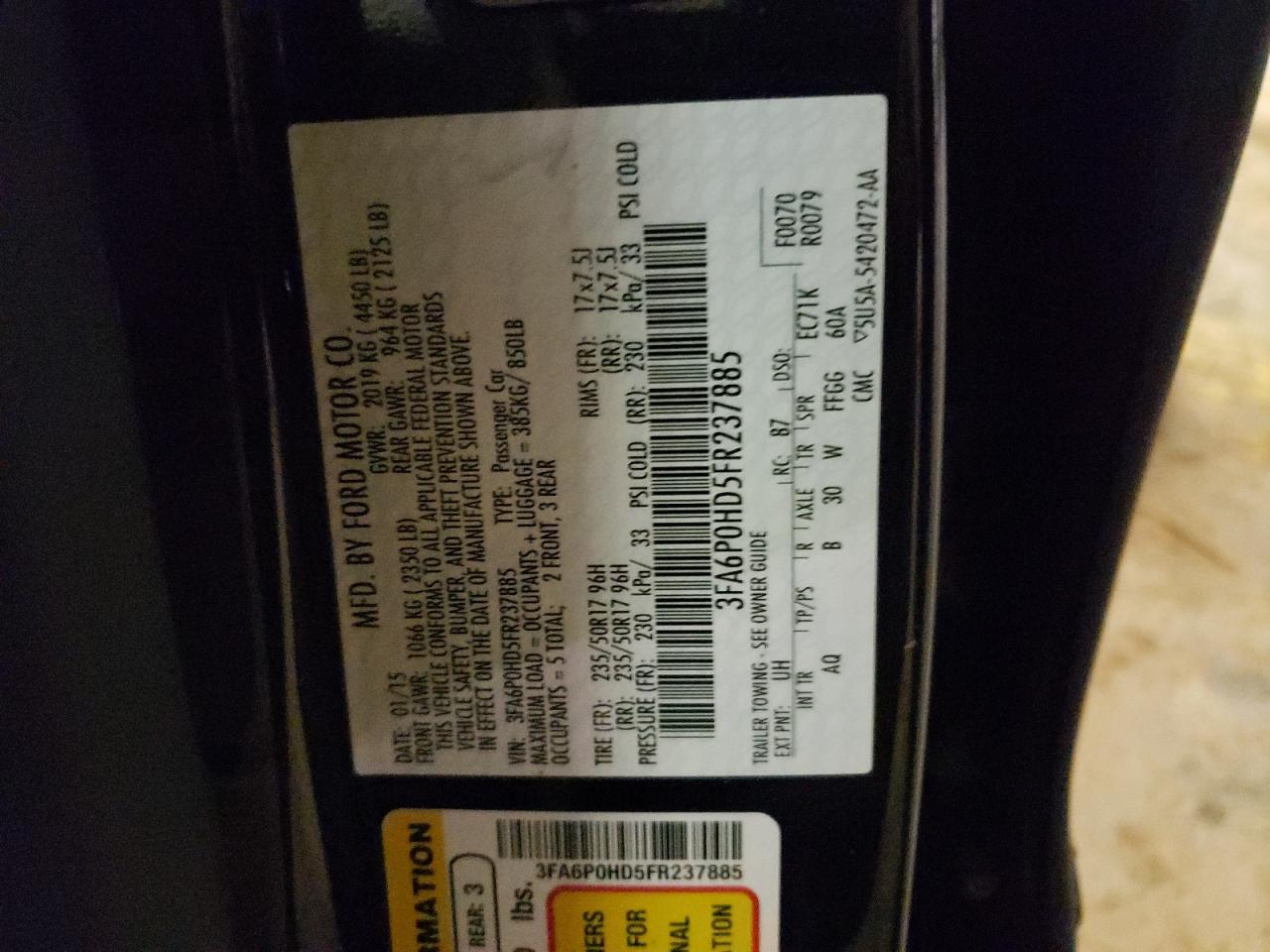 Photo 10 from auction – 2015 FORD FUSION SE with VIN 3FA6P0HD5FR237885