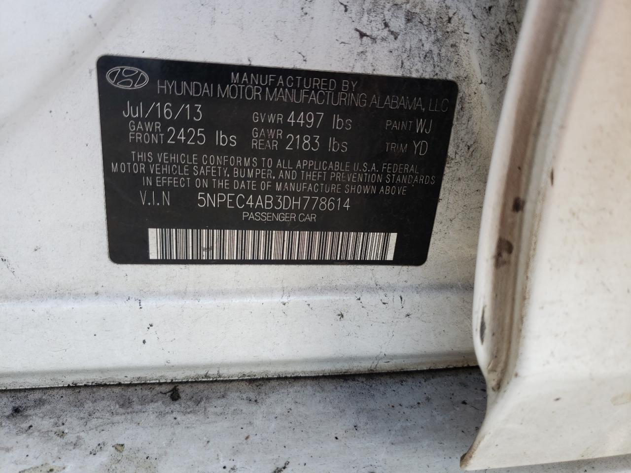 Photo 10 from auction – 2013 HYUNDAI SONATA SE with VIN 5NPEC4AB3DH778614