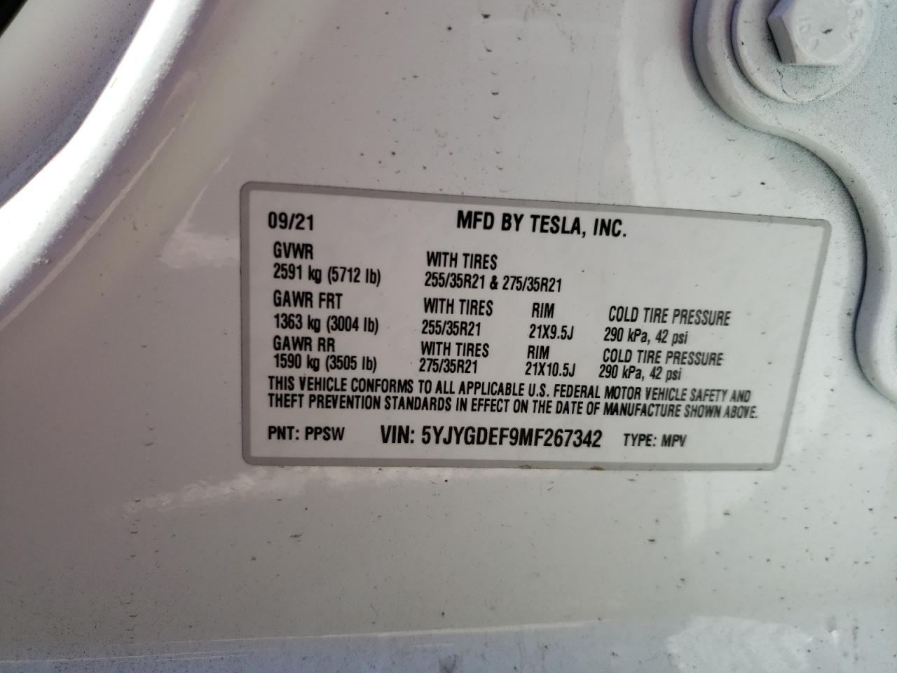 Photo 10 from auction – 2021 TESLA MODEL Y with VIN 5YJYGDEF9MF267342