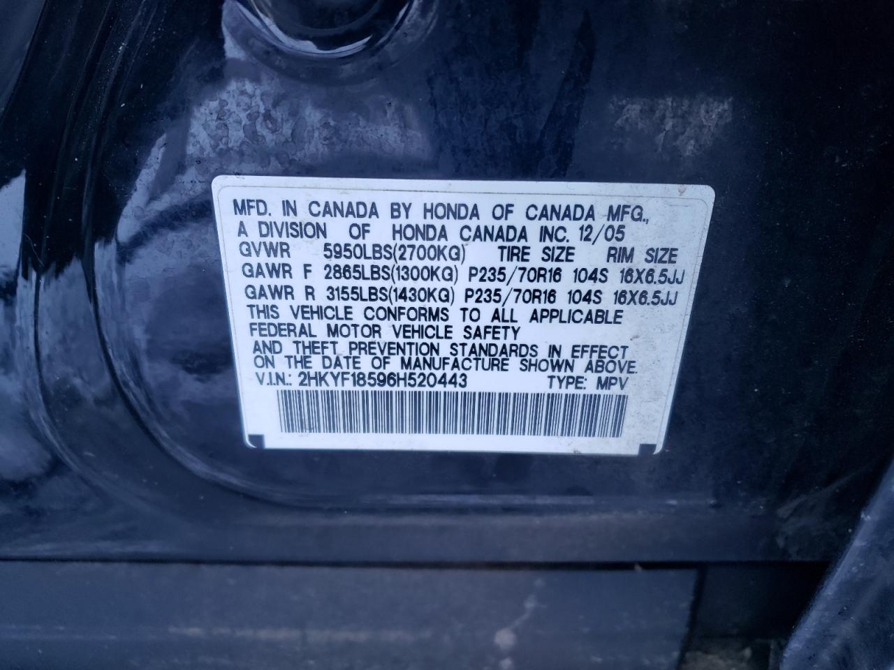 Foto 10 de la subasta – 2006 HONDA PILOT EX con VIN 2HKYF18596H520443