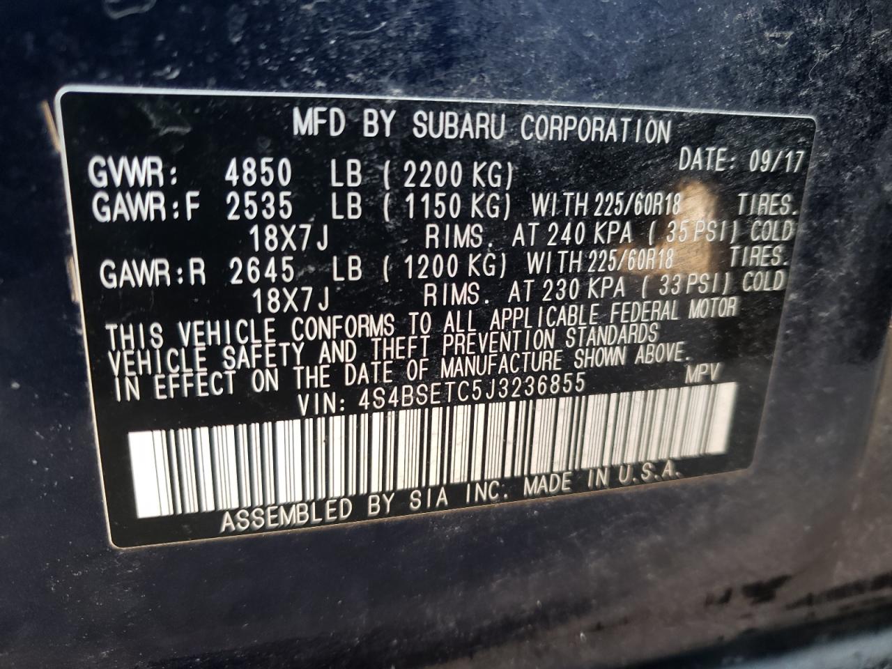 Photo 10 from auction – 2018 SUBARU OUTBACK TO with VIN 4S4BSETC5J3236855