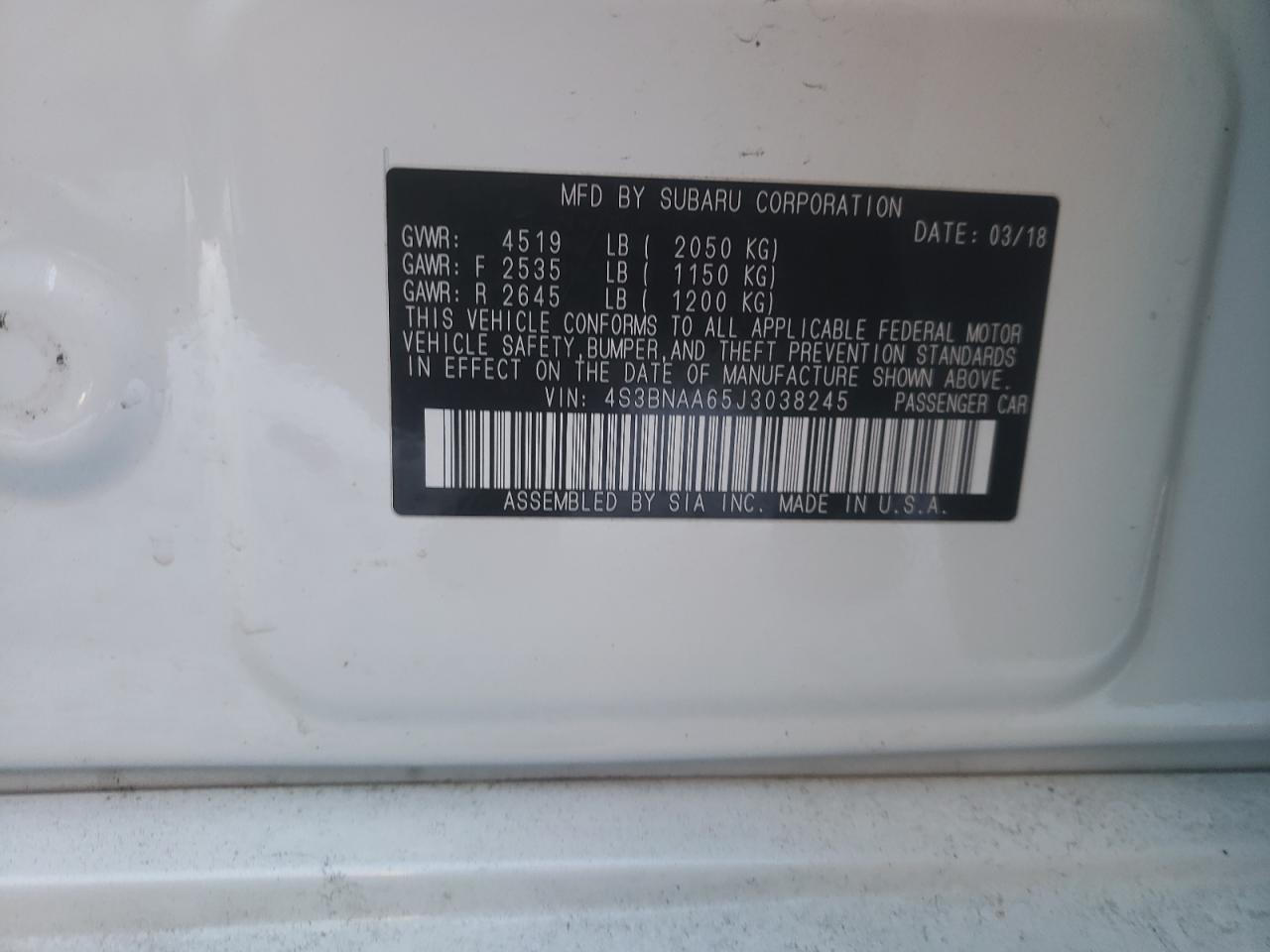 Photo 10 from auction – 2018 SUBARU LEGACY 2.5 with VIN 4S3BNAA65J3038245