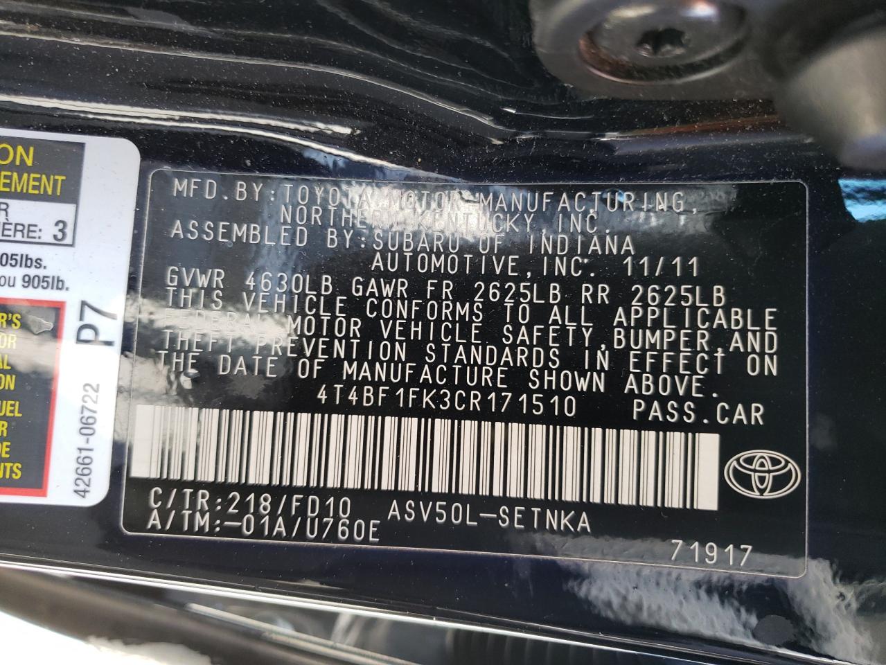Photo 10 from auction – 2012 TOYOTA CAMRY BASE with VIN 4T4BF1FK3CR171510