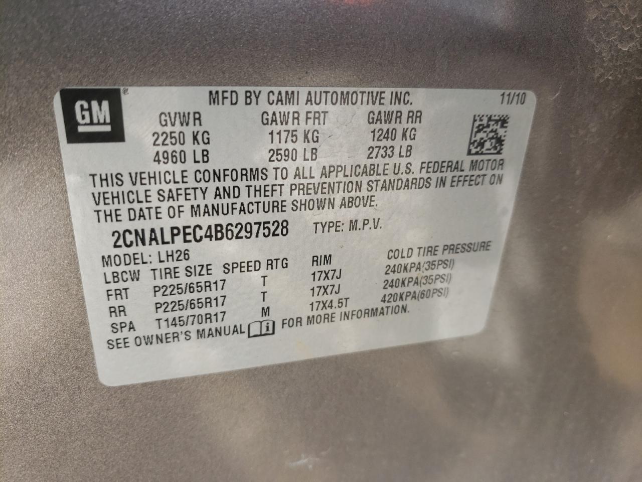Photo 10 from auction – 2011 CHEVROLET EQUINOX LT with VIN 2CNALPEC4B6297528