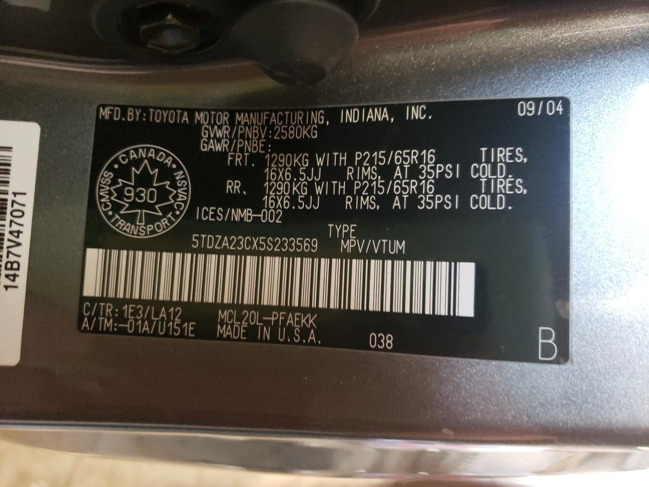 Photo 10 from auction – 2005 TOYOTA SIENNA CE with VIN 5TDZA23CX5S233569