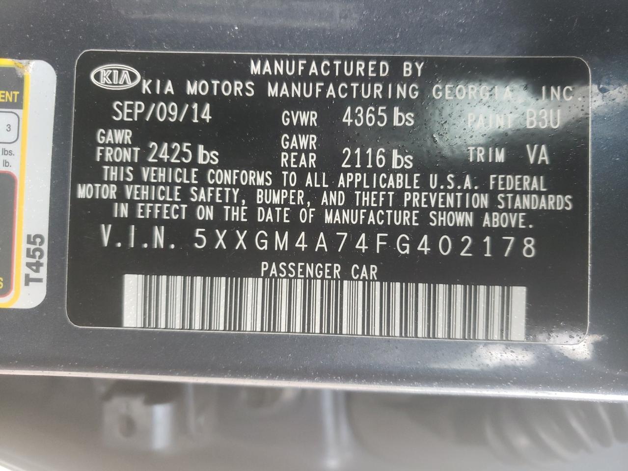 Photo 10 from auction – 2015 KIA OPTIMA LX with VIN 5XXGM4A74FG402178