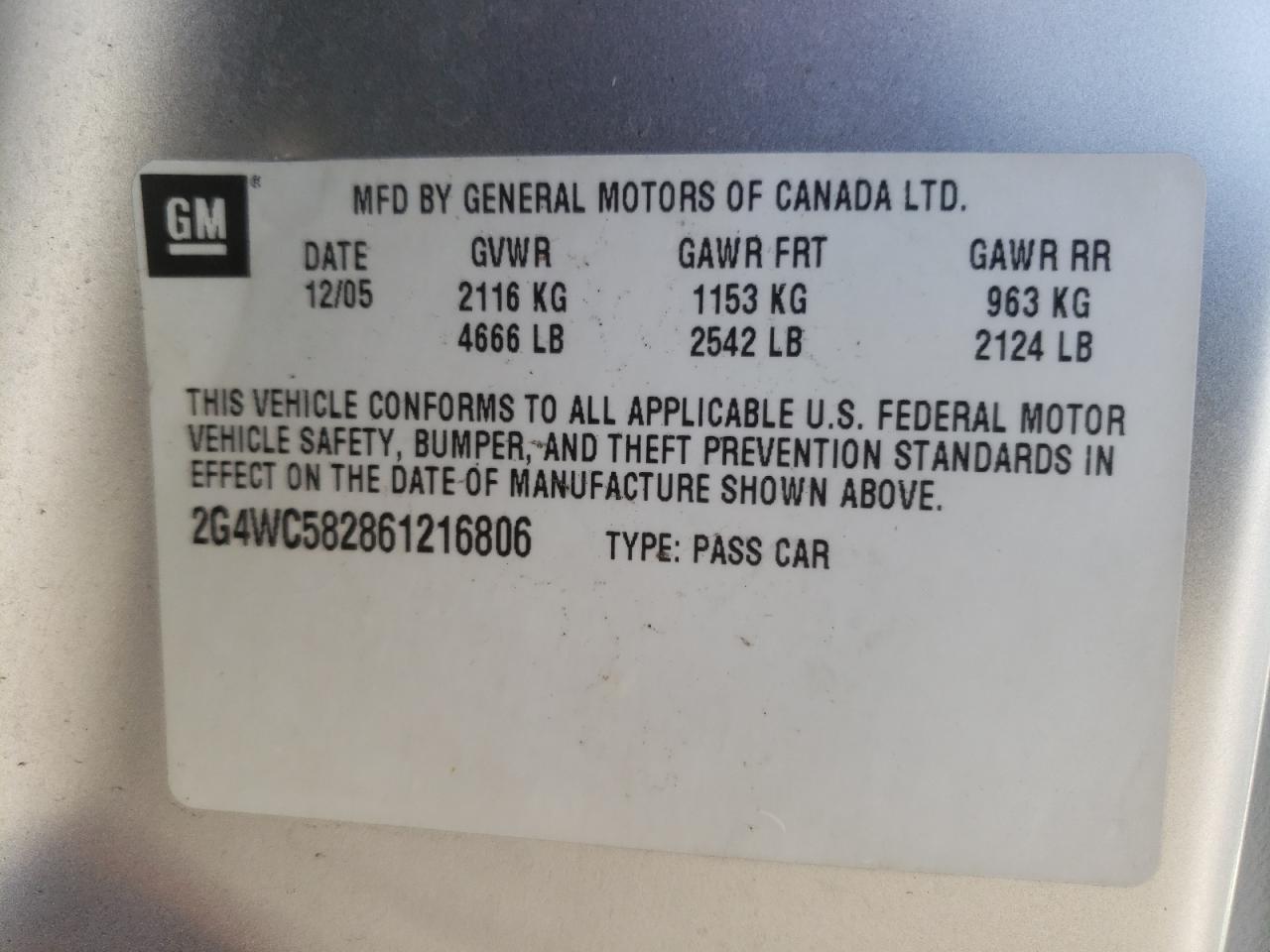 Photo 10 from auction – 2006 BUICK LACROSSE C with VIN 2G4WC582861216806