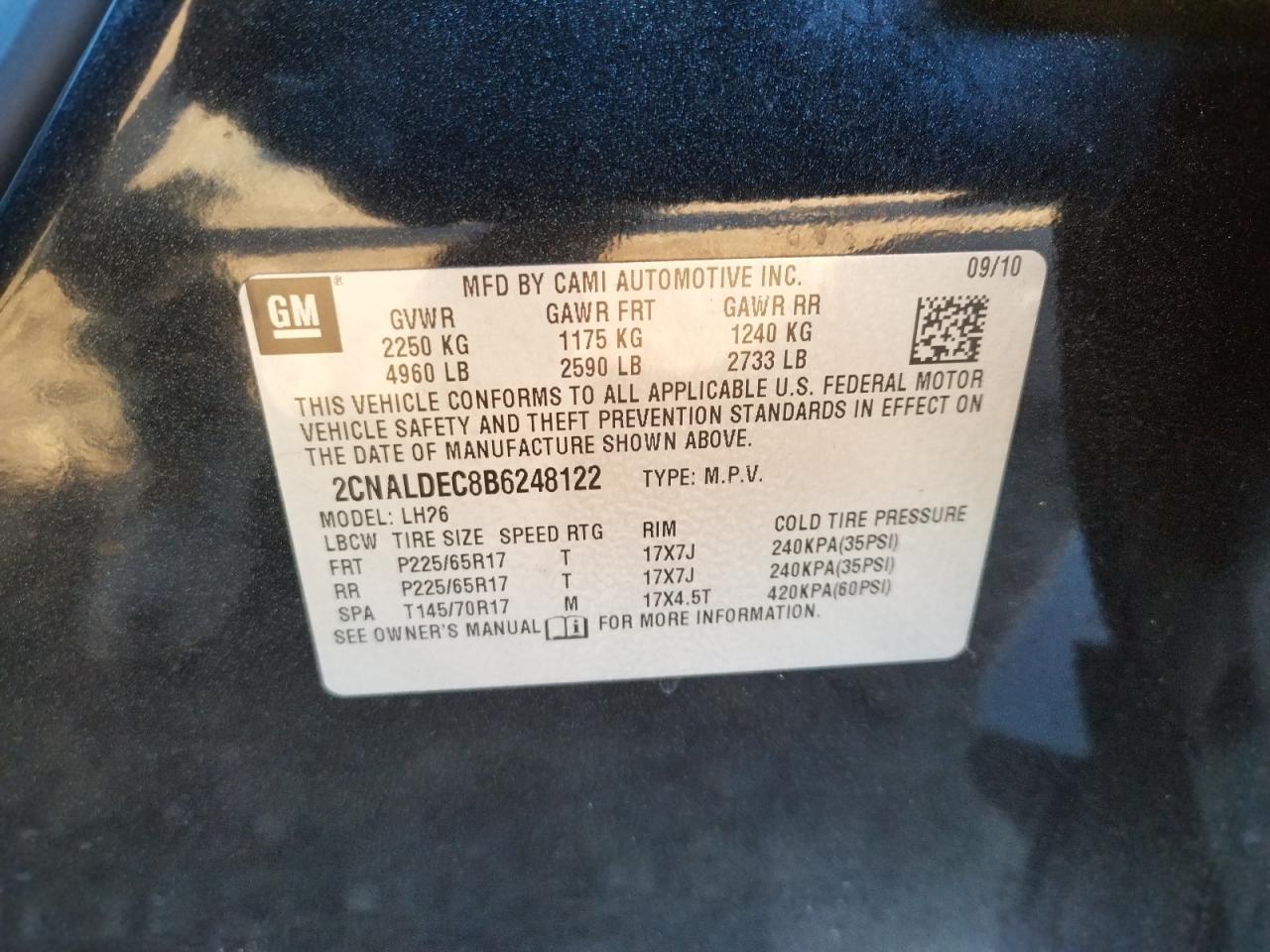 Photo 10 from auction – 2011 CHEVROLET EQUINOX LT with VIN 2CNALDEC8B6248122