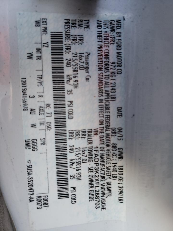 Photo 10 from auction – 2015 FORD FOCUS SE with VIN 1FADP3K2XFL288703