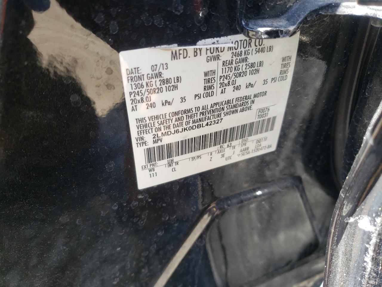 Photo 10 from auction – 2013 LINCOLN MKX with VIN 2LMDJ6JK0DBL42327