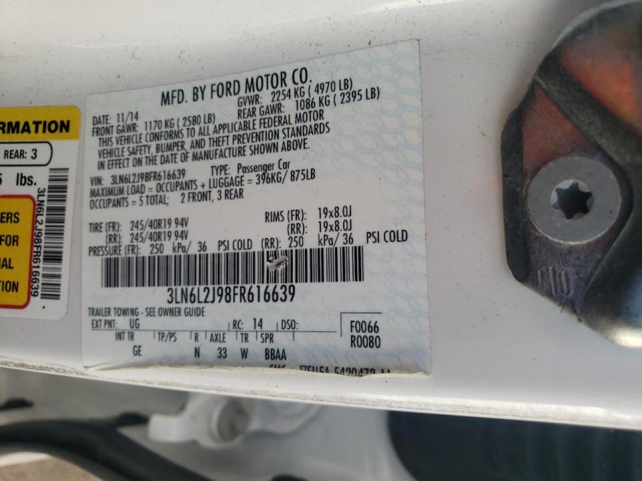 Photo 10 from auction – 2015 LINCOLN MKZ with VIN 3LN6L2J98FR616639