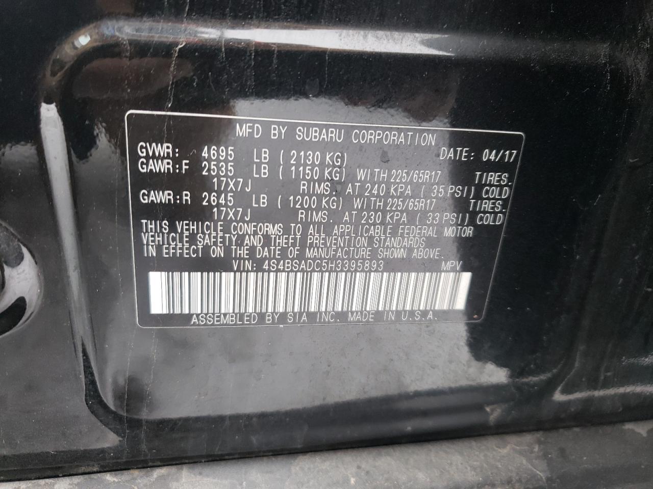Photo 10 from auction – 2017 SUBARU OUTBACK 2. with VIN 4S4BSADC5H3395893