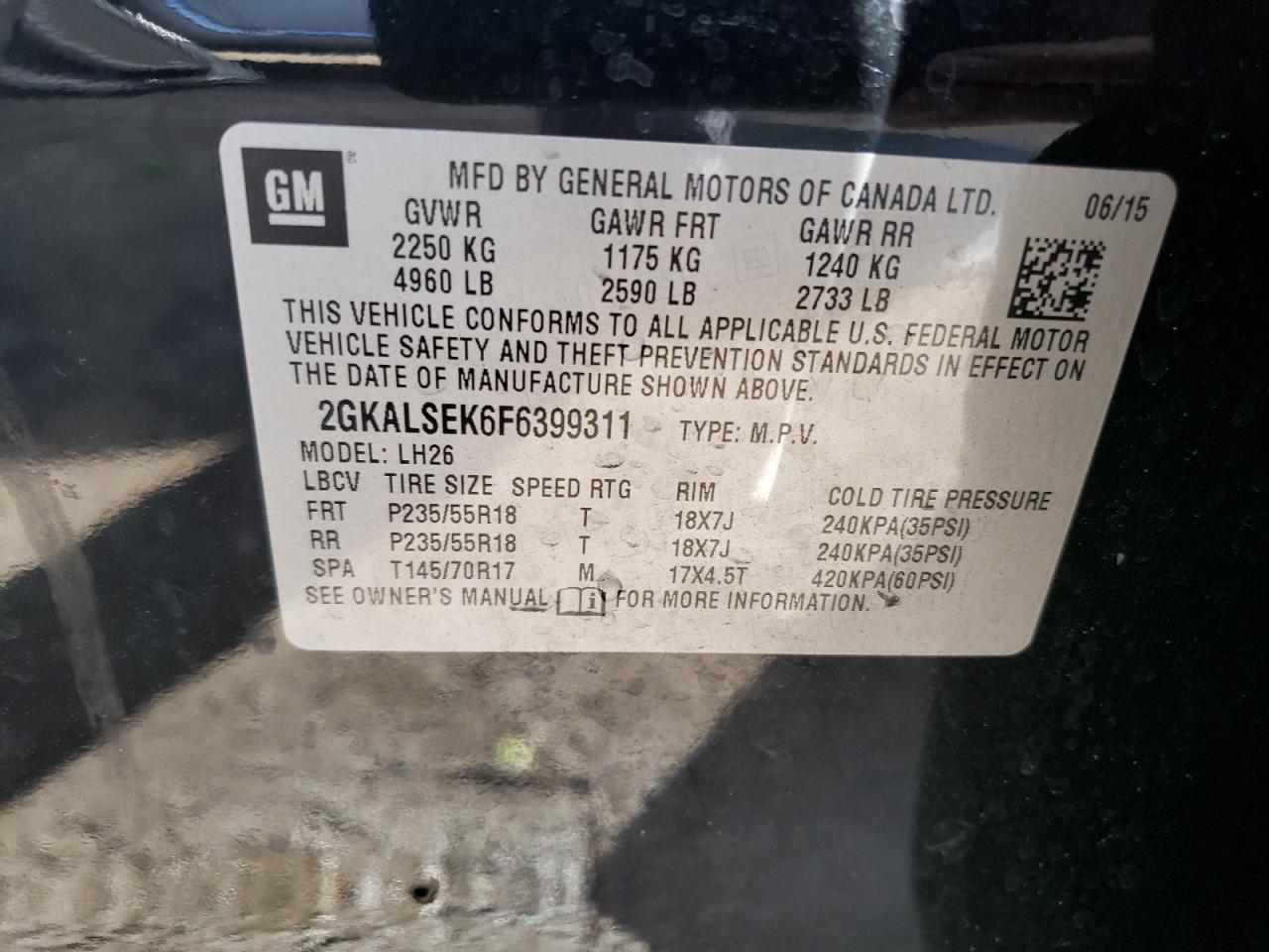 Photo 10 from auction – 2015 GMC TERRAIN SL with VIN 2GKALSEK6F6399311