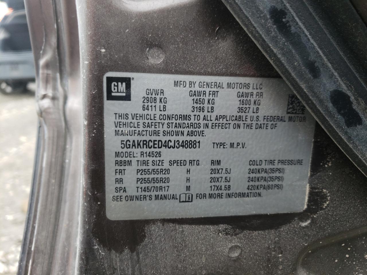 Photo 10 from auction – 2012 BUICK ENCLAVE with VIN 5GAKRCED4CJ348881