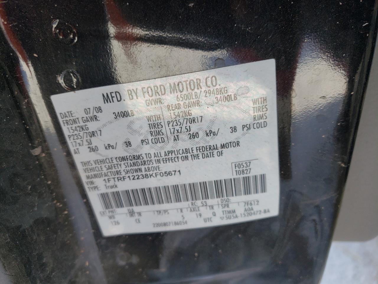 Photo 10 from auction – 2008 FORD F150 with VIN 1FTRF12238KF05671