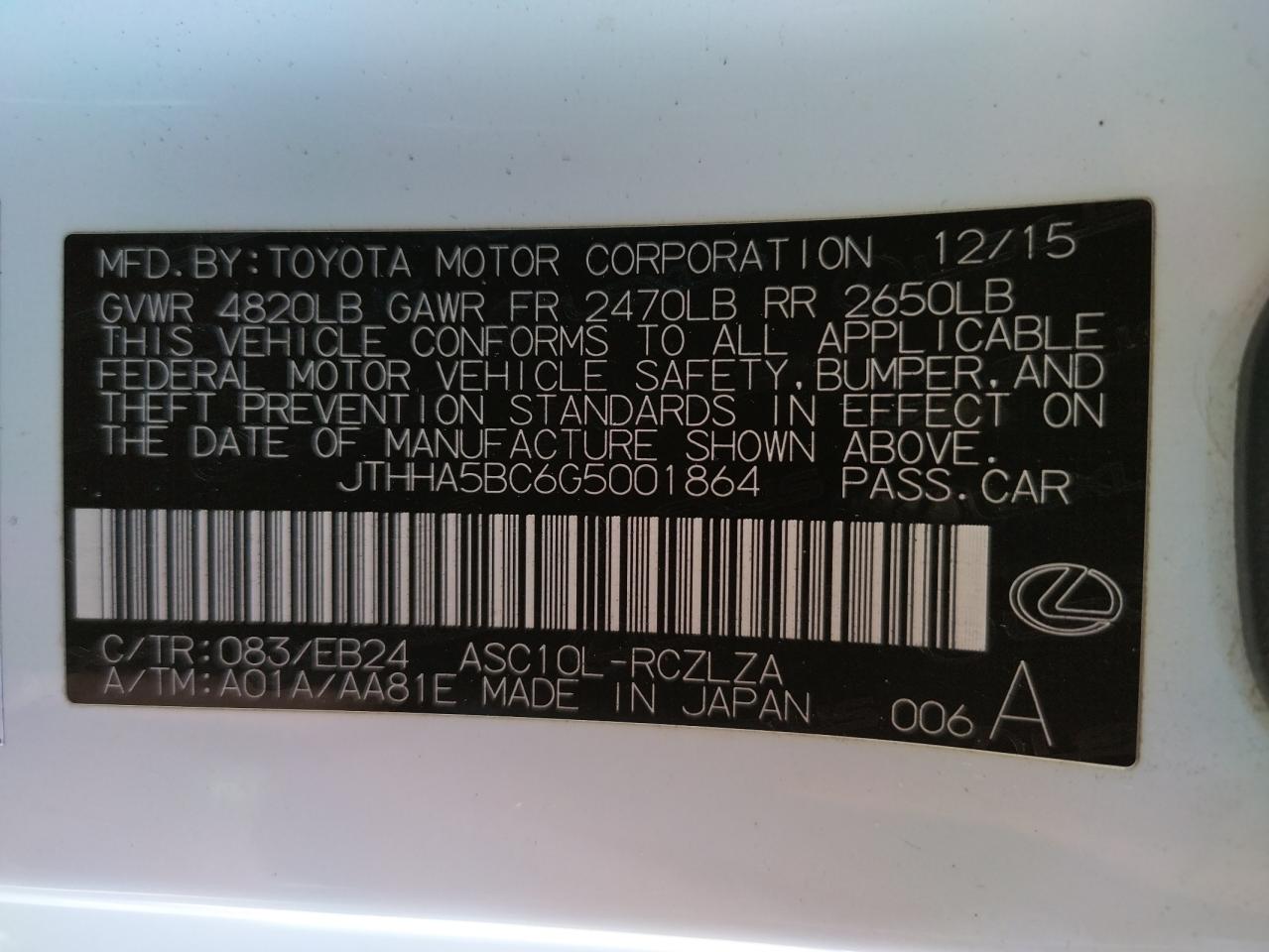Photo 10 from auction – 2016 LEXUS RC 200T with VIN JTHHA5BC6G5001864