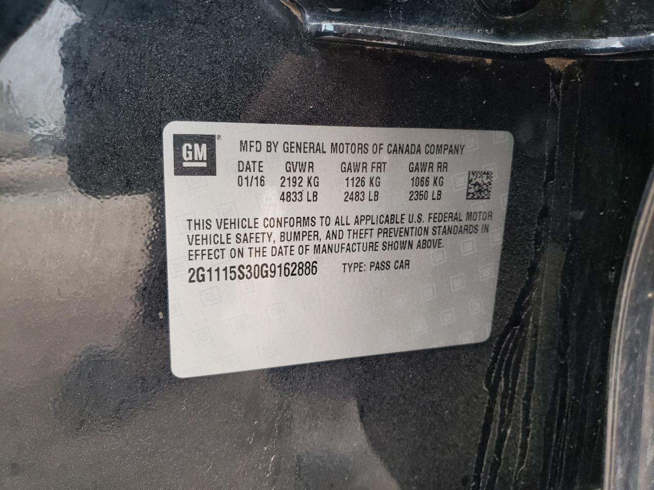 Photo 10 from auction – 2016 CHEVROLET IMPALA LT with VIN 2G1115S30G9162886
