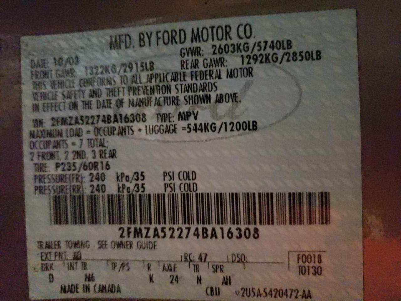 Foto 10 de la subasta – 2004 FORD FREESTAR S con VIN 2FMZA52274BA16308