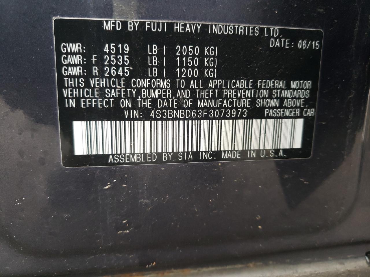 Photo 10 from auction – 2015 SUBARU LEGACY 2.5 with VIN 4S3BNBD63F3073973