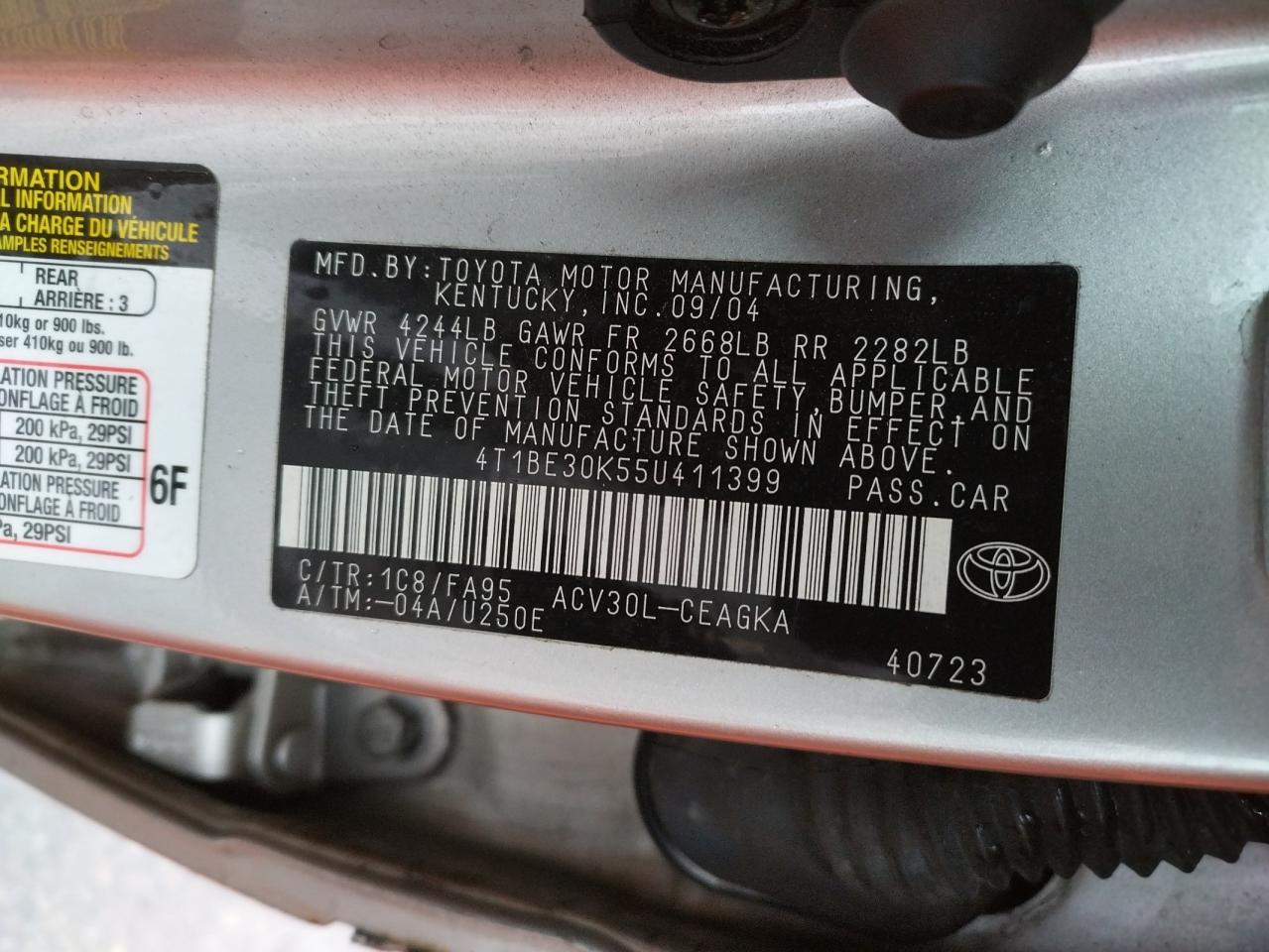 Photo 10 from auction – 2005 TOYOTA CAMRY with VIN 4T1BE30K55U411399