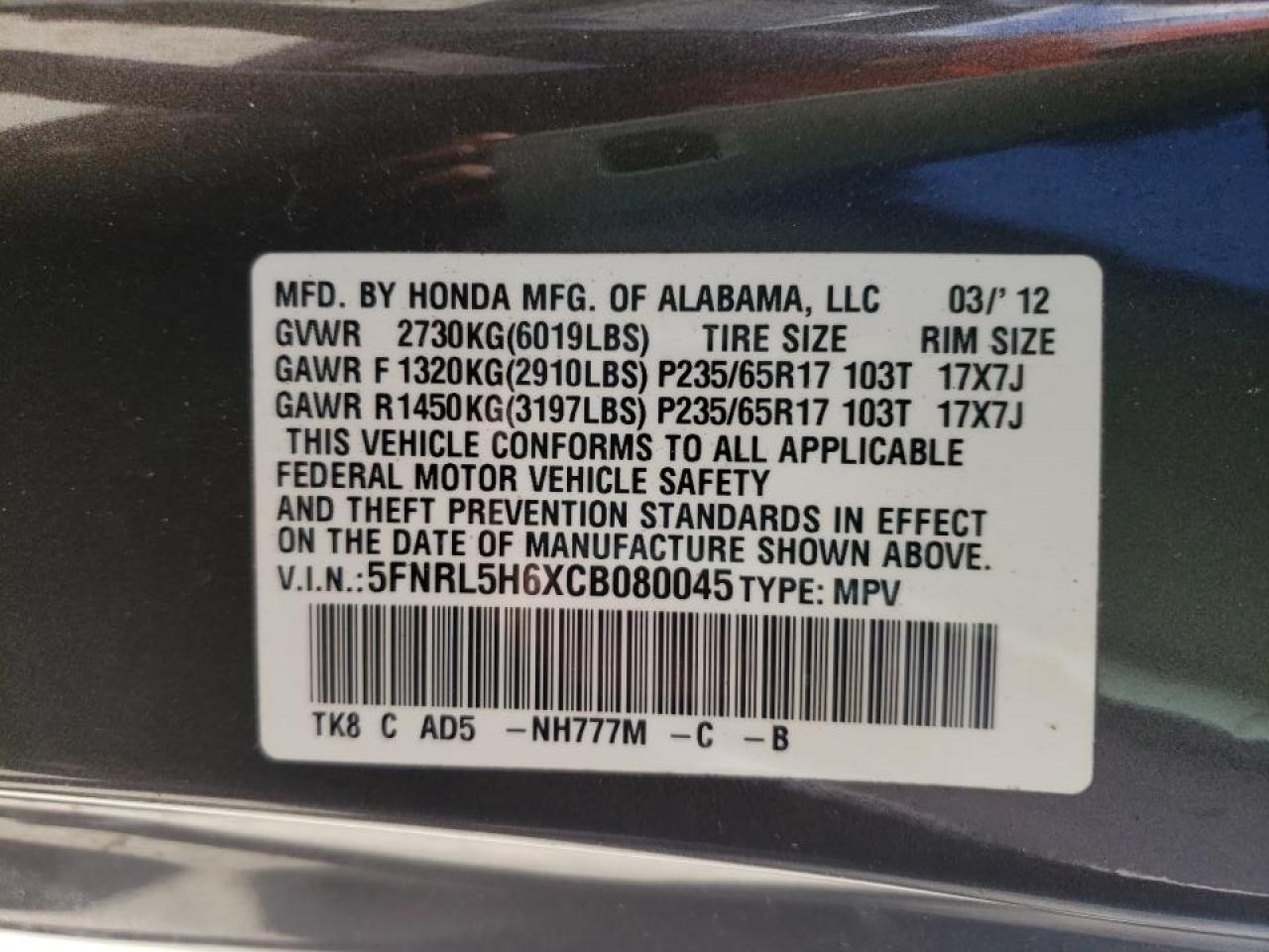 Photo 10 from auction – 2012 HONDA ODYSSEY EX with VIN 5FNRL5H6XCB080045