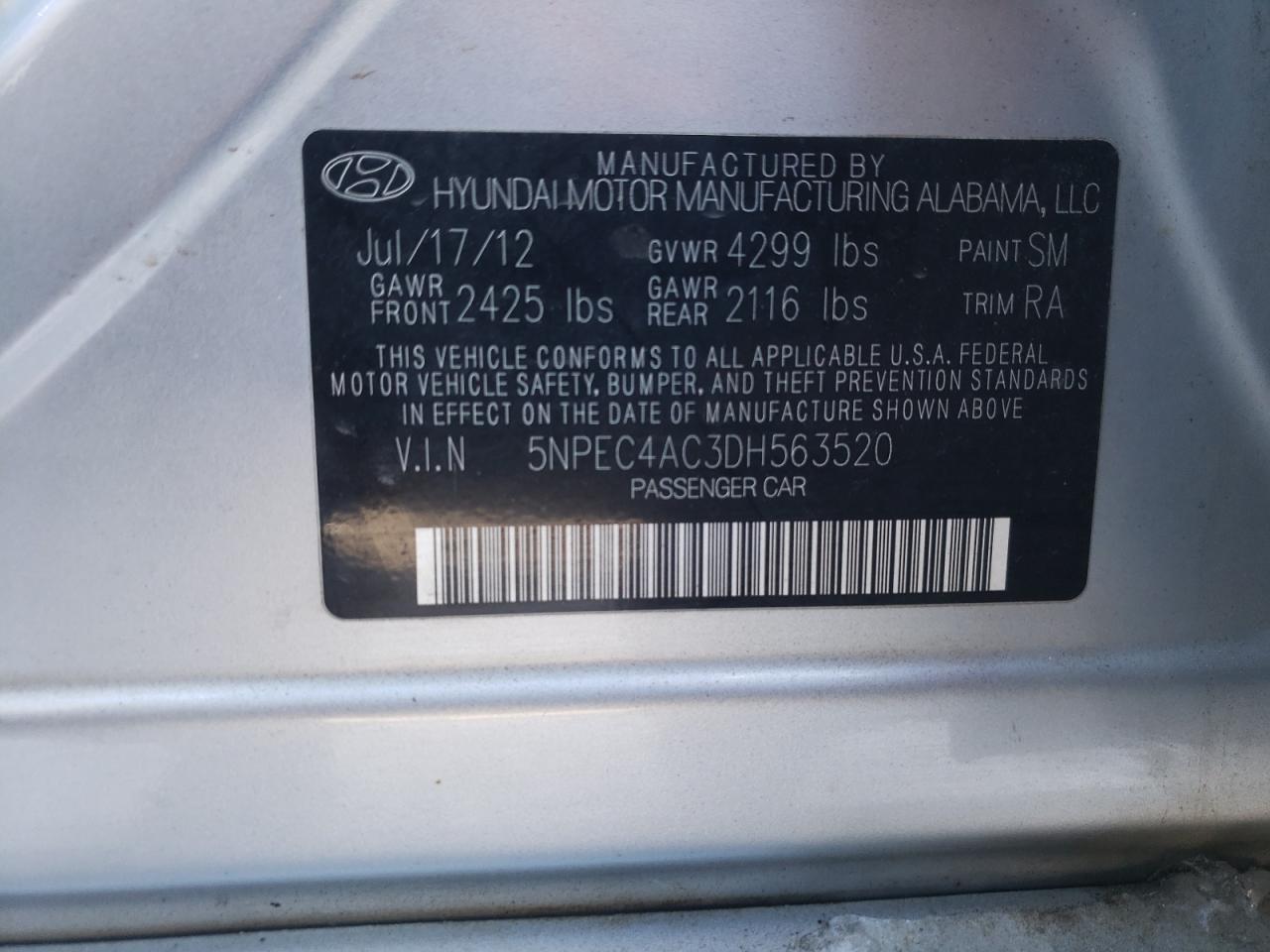Photo 10 from auction – 2013 HYUNDAI SONATA SE with VIN 5NPEC4AC3DH563520