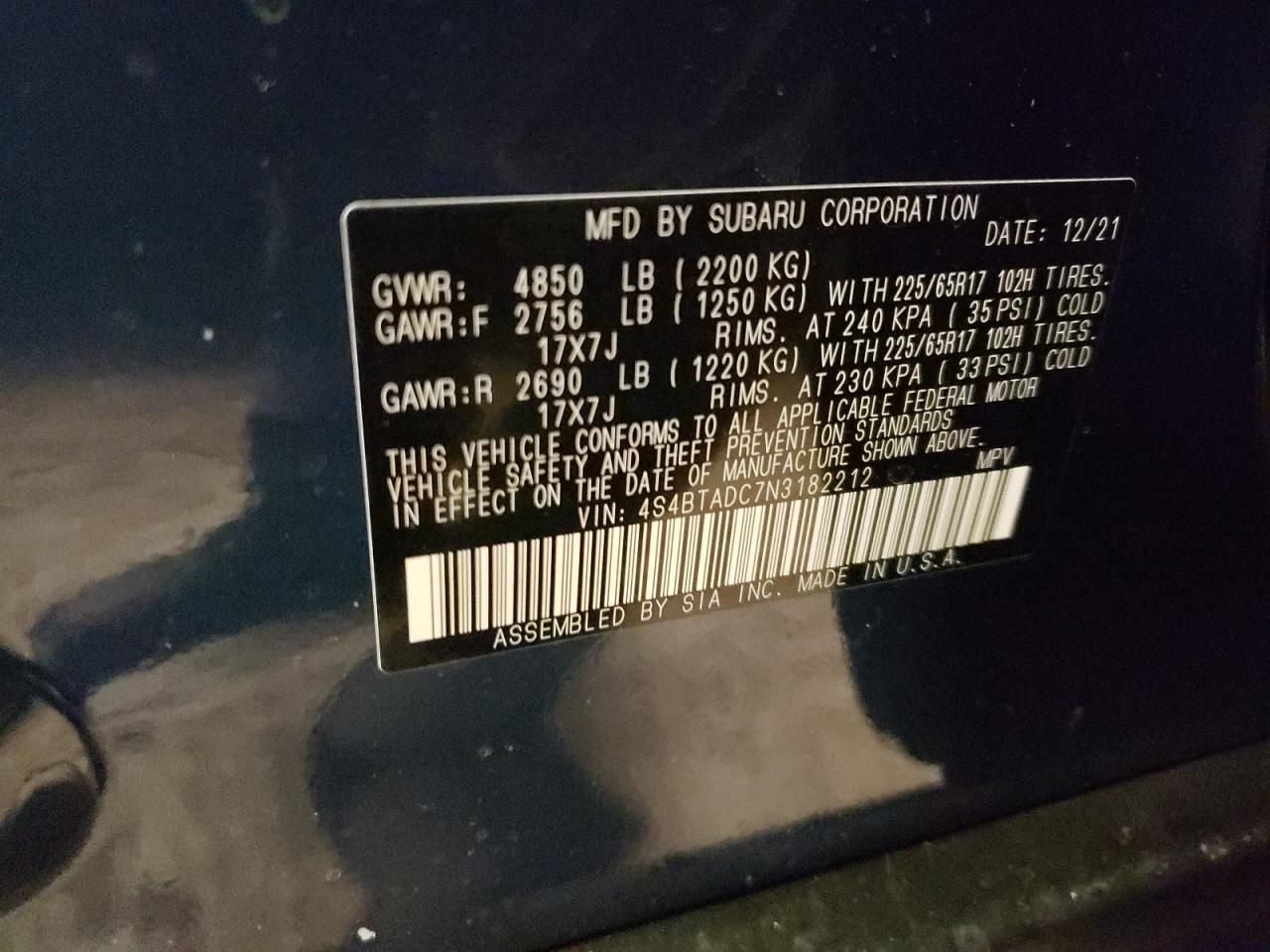Photo 10 from auction – 2022 SUBARU OUTBACK PR with VIN 4S4BTADC7N3182212